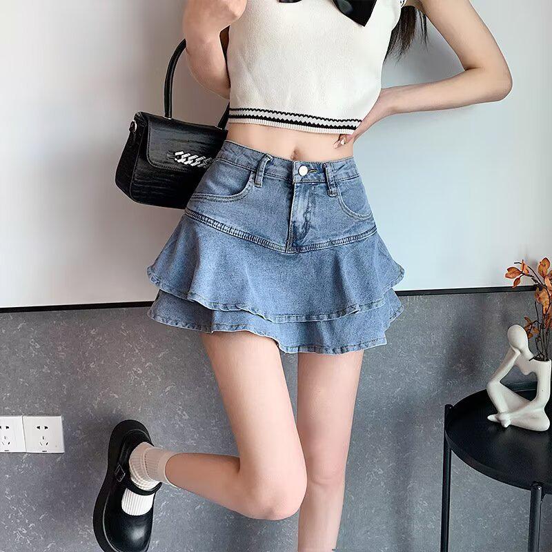 Denim Ruffle Fishtail Mini Skirt - Women's Plus Size High Waist A-line Summer Skirt
