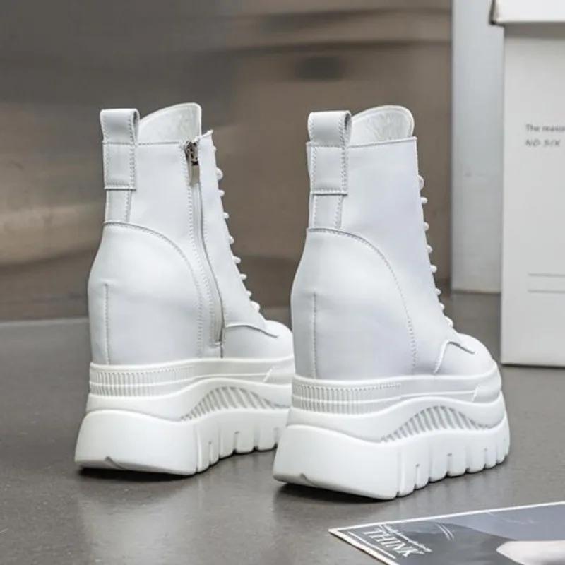 Fashion 12cm New Genuine Leather Women Breathable Platform Hidden Heels Shoes Genuine Leather Chimney Fashion Spring ZIP Ankle Booties