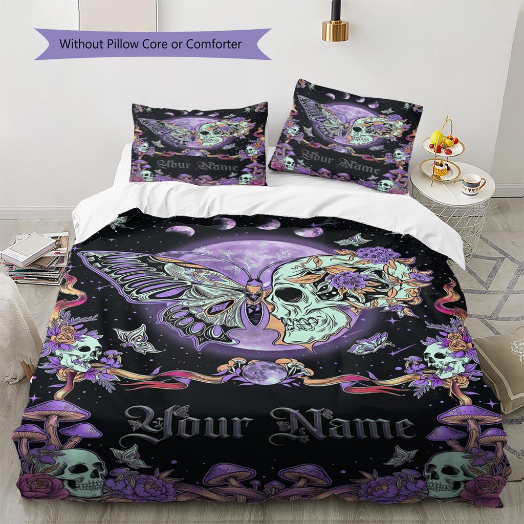 Name Custom Skull and Butterfly Pattern Bedding Set Quilt Cover Pillowcase Home Decor Gift (1 * duvet cover + 2 * pillowcase, without core)