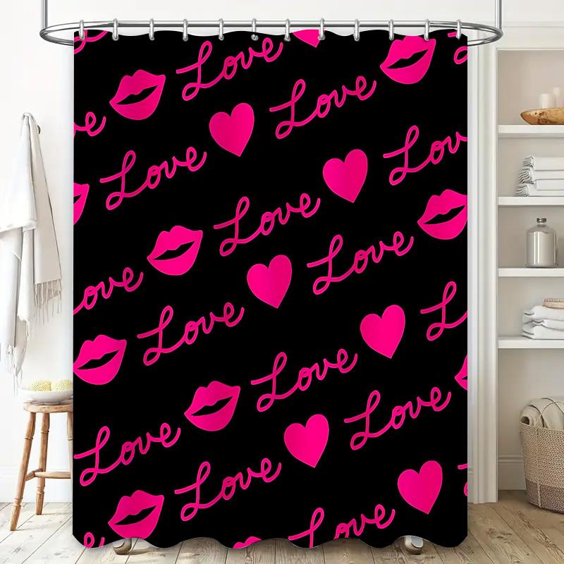 

Romantic Love Shower Curtain Decorative Bathroom Set With Vibrant Pink Hearts And Kisses Design - Perfect Gift Idea For Couples W60H190(CM)-1 Pcs