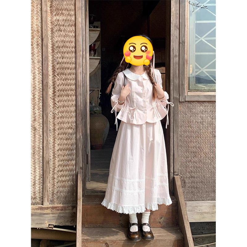 

Women s Spring Lambswool Two-Piece: Beaded Doll Collar Pink Top & Long Skirt Set XXL