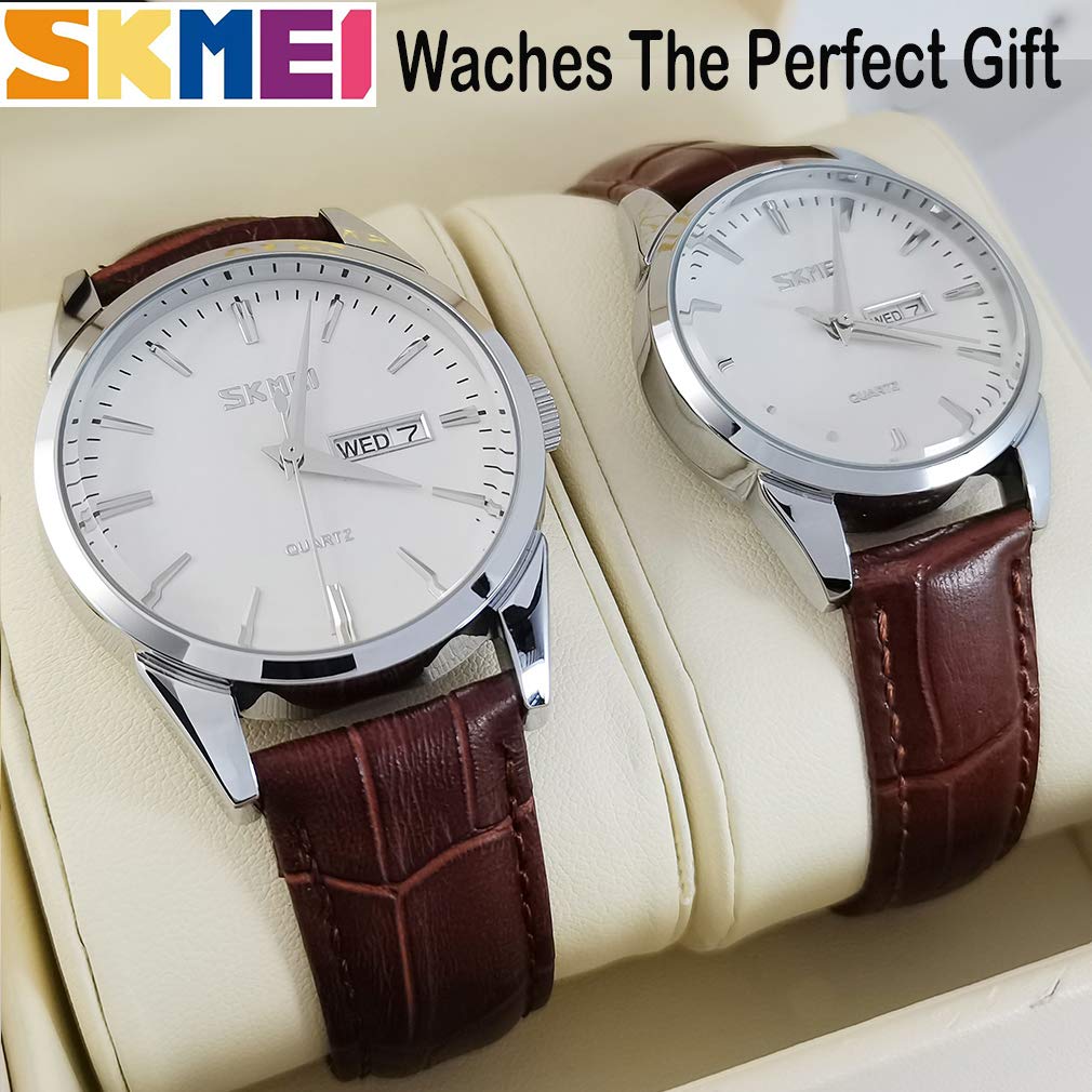 Beliebte Partneruhren für Damen und Herren. Klassisches braunes Lederarmband, wasserdicht und luxuriös. Ein perfektes Geschenk für Hochzeiten, Jubiläen,