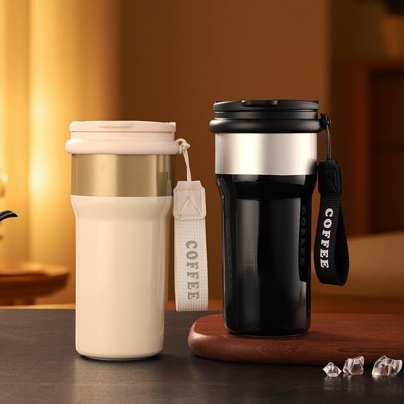 New Mocha Light Luxury Coffee Cup 316 Stainless Steel Vacuum Thermos Cup Outdoor Portable Portable Double Drinking Straw Cup