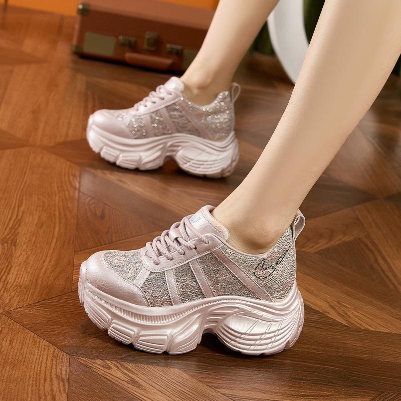 Thick-soled Rhinestone Dad Shoes Women's 2025 Summer New Inner Height-increasing Women's Shoes Breathable Mesh Fashion Versatile Casual Shoes