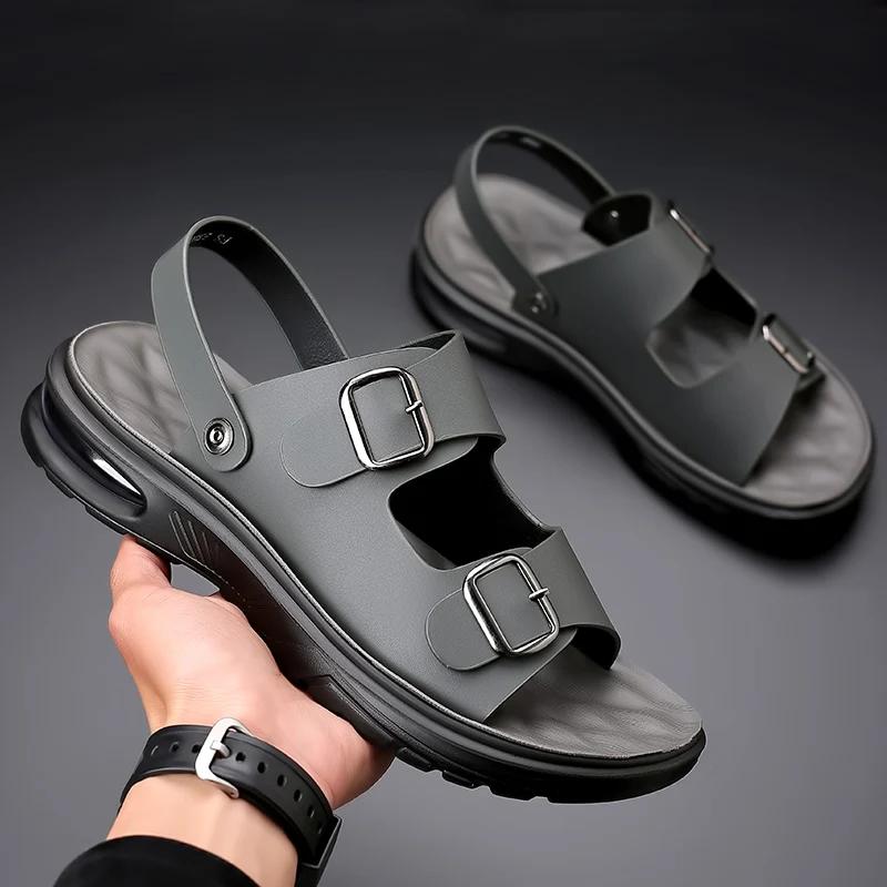 Summer Men's Genuine Leather Sandals Fashion Casual Non slip Large Hollow Breathable Sandals Men's Beach Shoes Hole Shoes