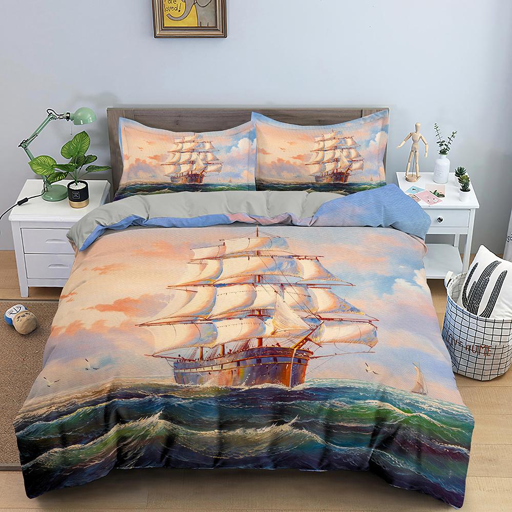 Nautisk Segelbåt Påslakan Queen King Size 3D Oljemålning Båtstil Sängkläder Set Ocean Mjuk 2/3 Delar Polyester Täcke Överdrag