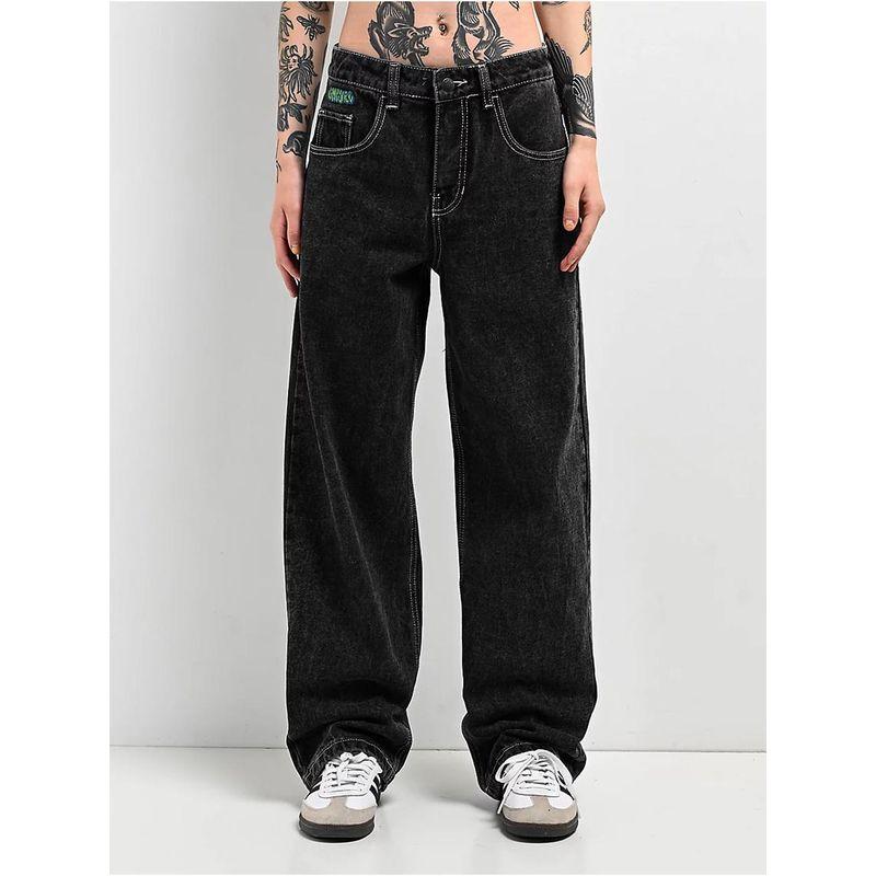 Original Single EMP * YRE Loiter High Waist Black Mineral Wash Embroider Contrast Color Stitching Loose Straight-leg Denim