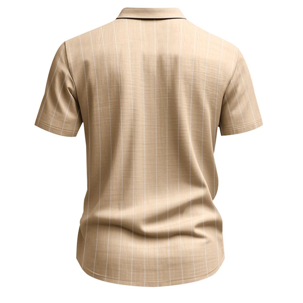Men's Linen Button Down Shirt Vertical Stripe Pattern Short Sleeve Casual Loose Fit Breathable Summer Shirt with Turn Down Collar