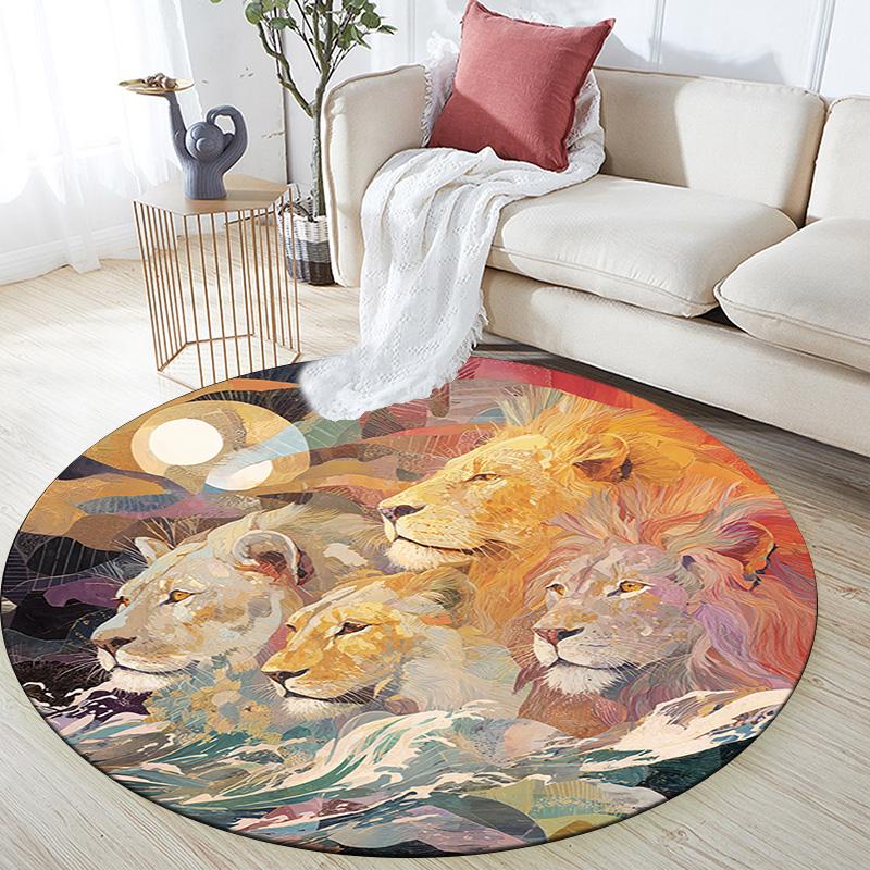 Lion Round Area Rug,Carpet Rug for Living Room Bedroom Sofa Playroom Decor,Non-slip Floor Mat