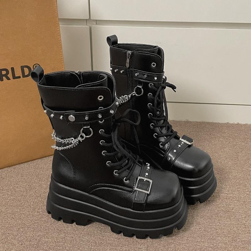 Fashion Platform Thick Gothic Boots Women Buckle Autumn Shoes Wedges Mid-calf Boots Punk StyleStreet Cosplay Chain Motorcycle Botines