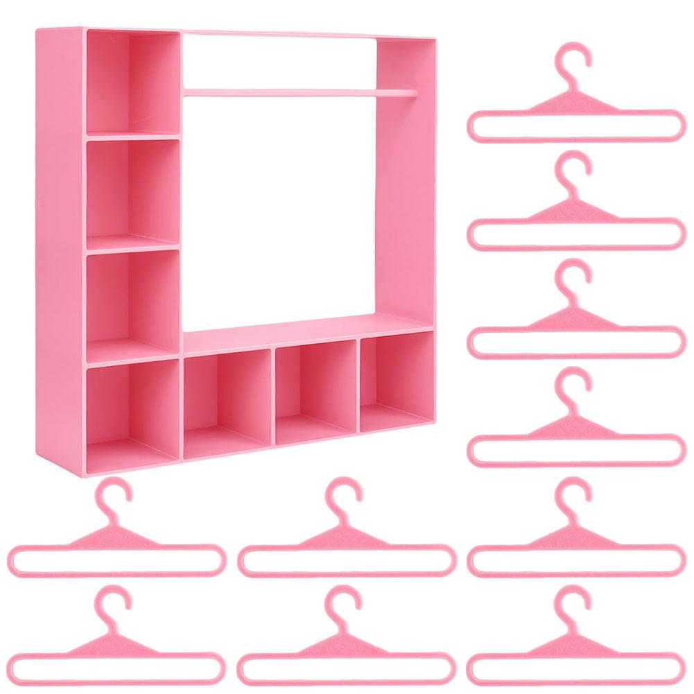 Doll Clothes Hanger & Rack Set with 10 Pieces Hangers Dollhouse Closet Clothes Storage Closet Furniture for Dollhouse Supplies розовый