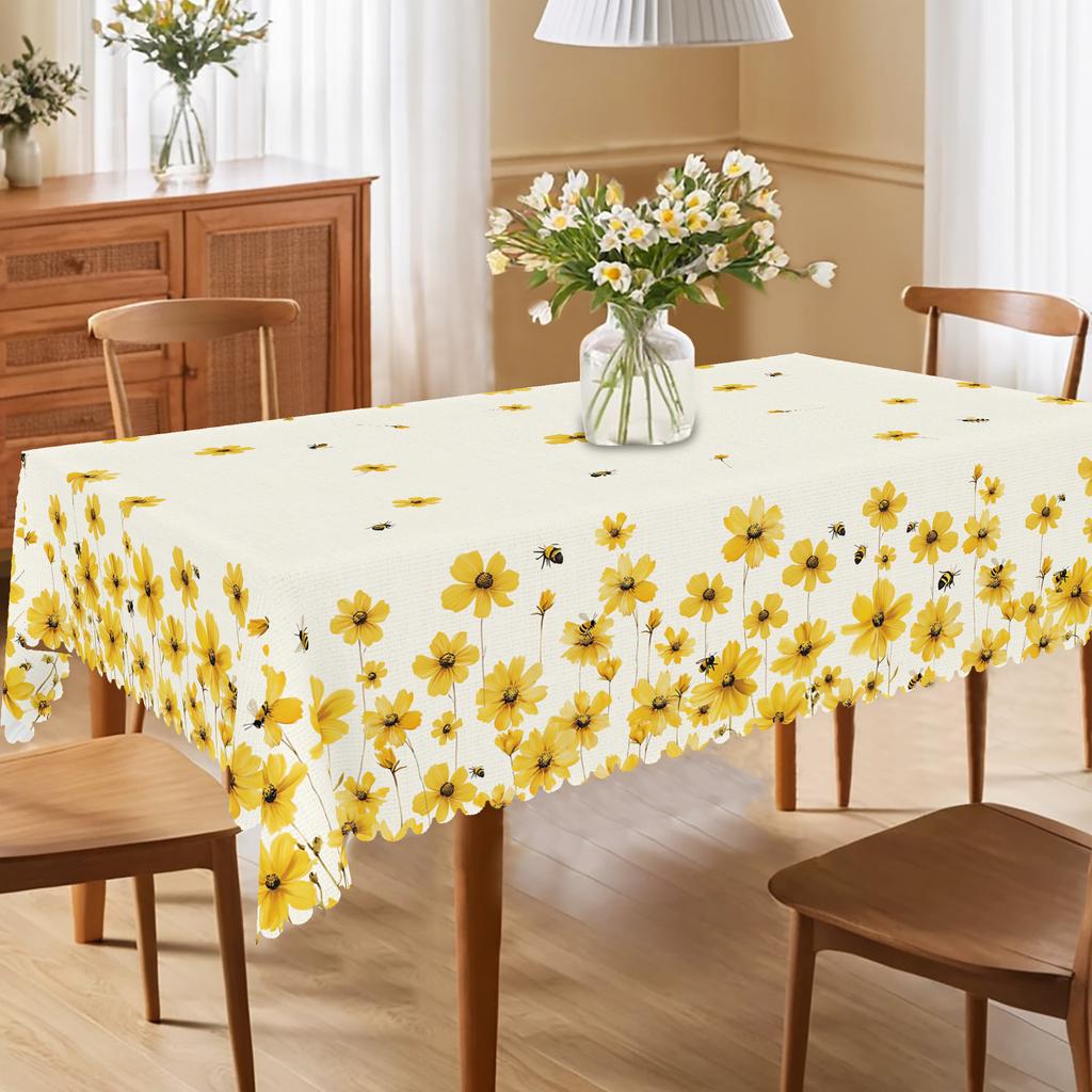 1 sztuka okrągłych i prostokątnych obrusów o tematyce wiosenno-letniej, dostępnych w różnych rozmiarach, z nadrukiem we wzór żółtych stokrotek i pszczół