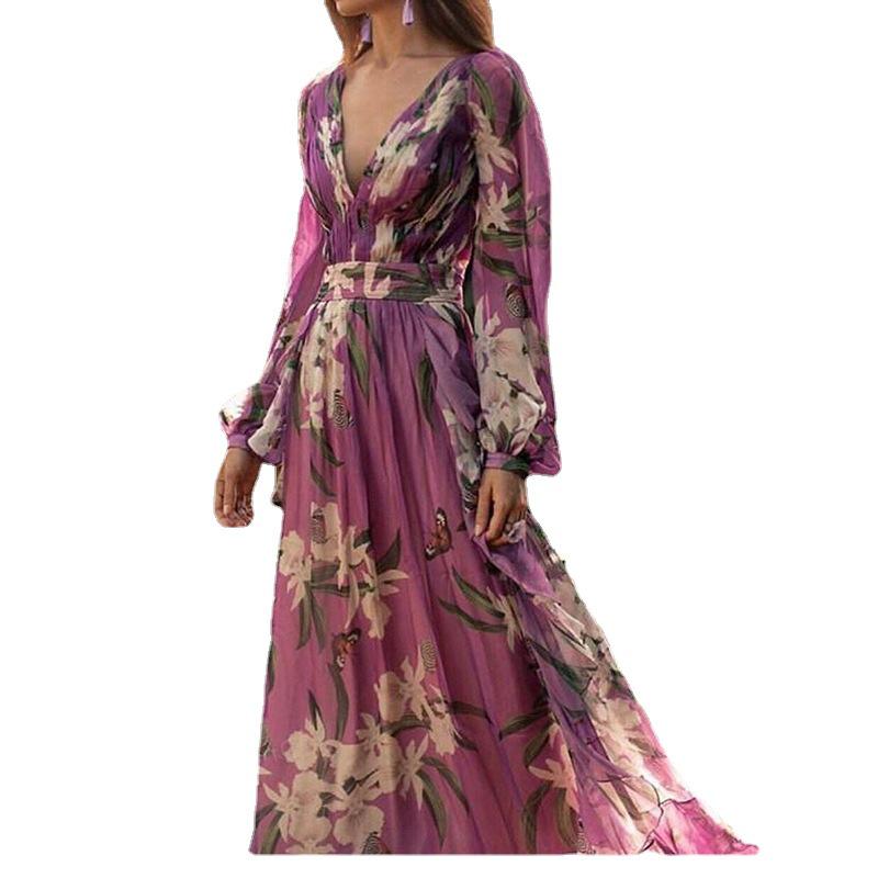 Retro V-Ausschnitt Langarm Feen Schaukelkleid - Europäischer & Amerikanischer Sommerdruck