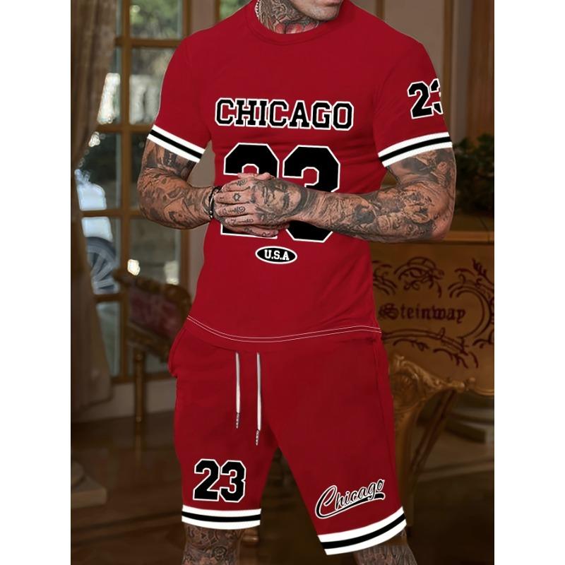 

Round Neck Short-sleeved T-shirt and Drawstring Shorts with Pockets, Round Neck Knit, Micro-elastic, Regular Summer Outdoor Sports Suit 6XL