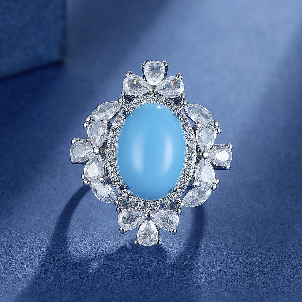 Vintage Synthetic Turquoise Open Adjustment Jewelry Full Diamond Zircon Ring
