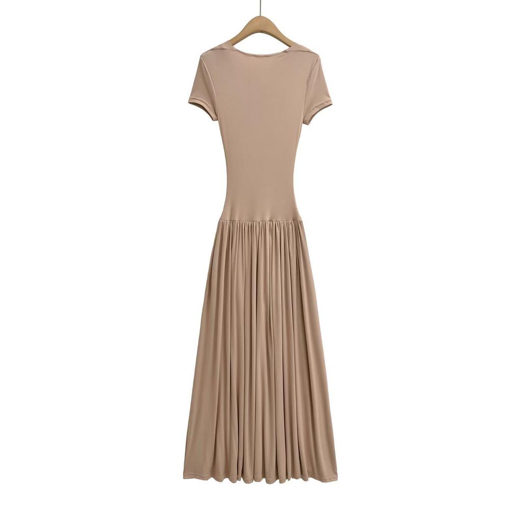 2026 Spring European & American Style Women's Lace Patchwork Waist-Cinching Long Dress with Short Sleeves