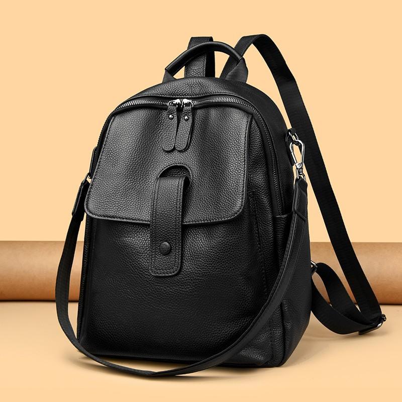 Buckle open cowhide backpack women s large capacity backpack autumn and winter black multi-functional large backpack s 27*14*34