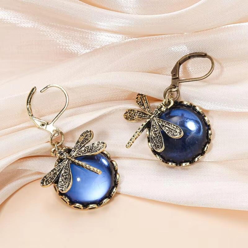 Vintage Dragonfly Drop Earrings for Women, Antique Bronze Blue Gem Dangle Earrings, Boho Retro Insect Statement Jewelry