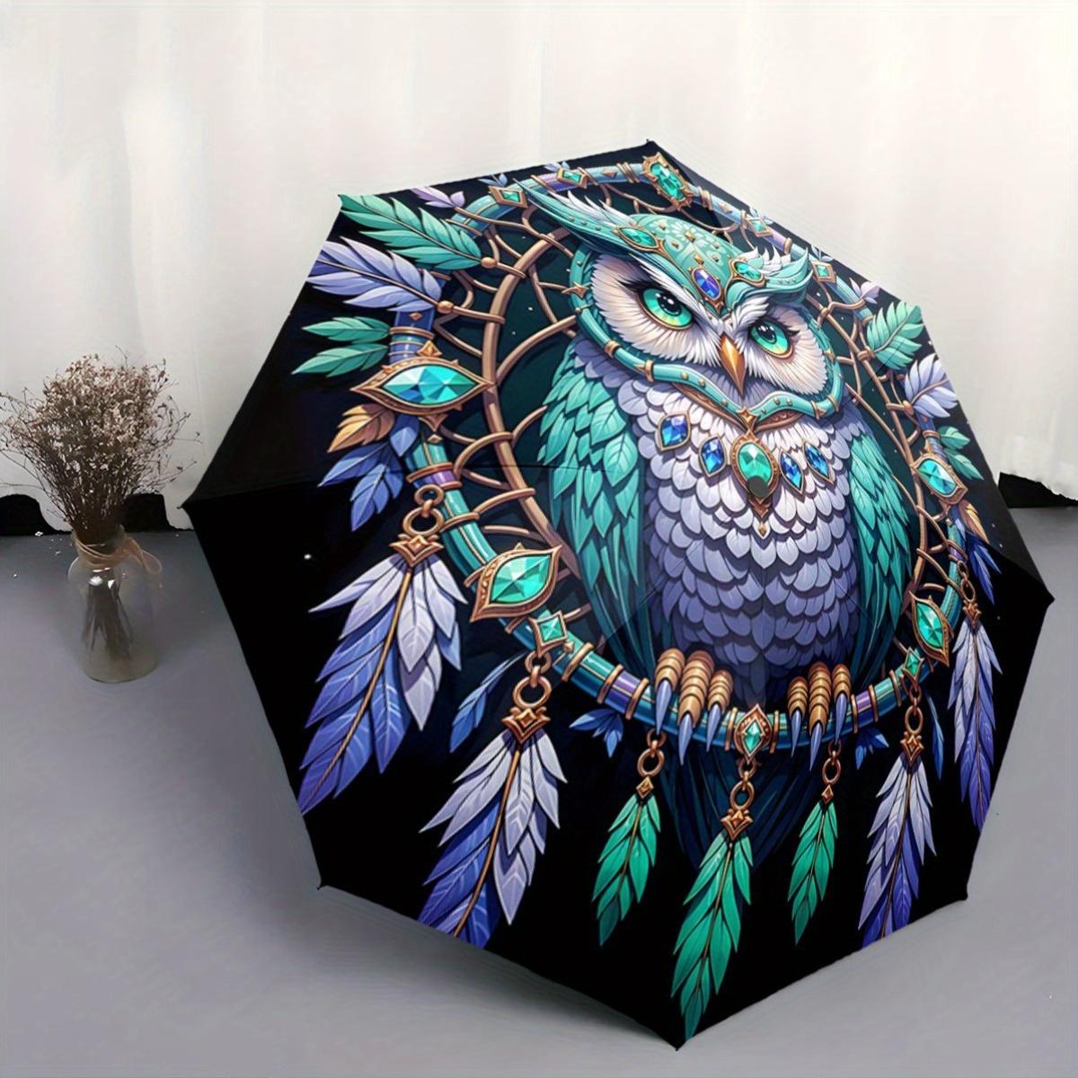 

Automatic Folding Umbrella with Owl Design - 8-Rib Durable Frame, Portable Collapsible, Jewel Accents & Feather Details, All-S (as the picture,Iron&8K)