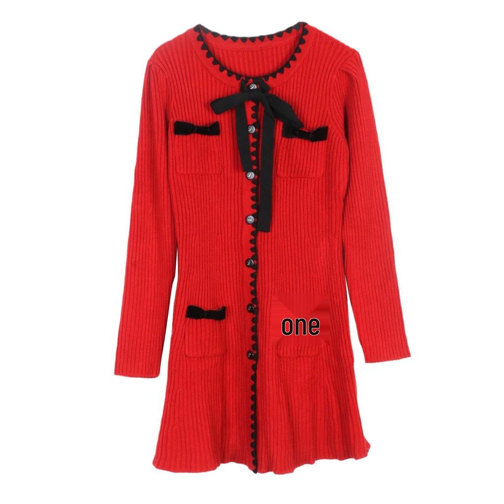 French S House: Red Bow Dress, Slim Fit, Round Neck, Short, Fashionable for Early Spring 2025 Annual Meeting