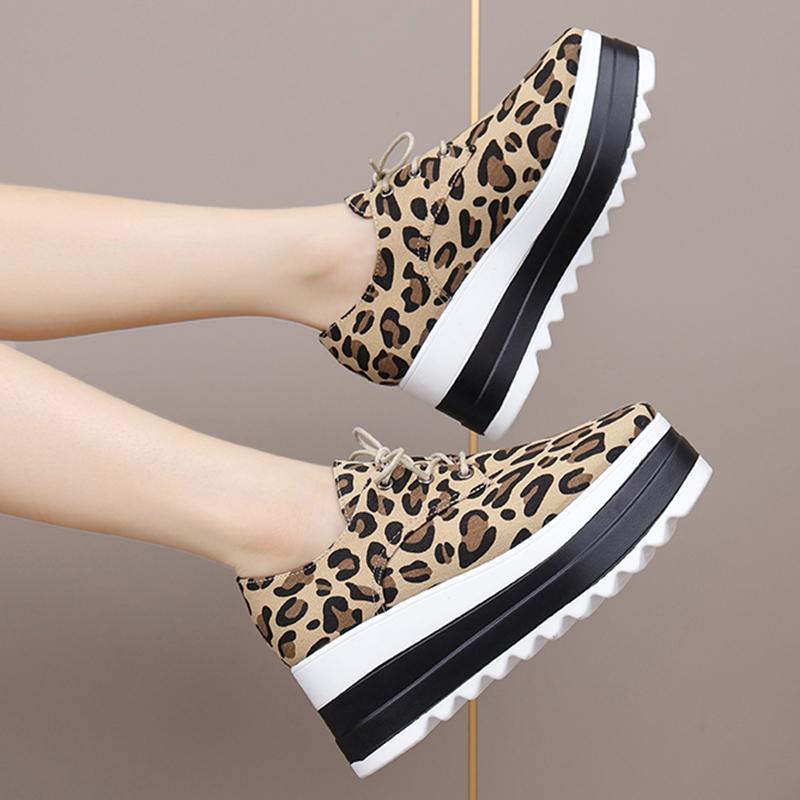 fashion Women's Round Toe Leopard Print Oxfords Lace Up Chunky Platform Casual Shoes Woman Thick Bottom Non Slip Trainers Plus Size 43