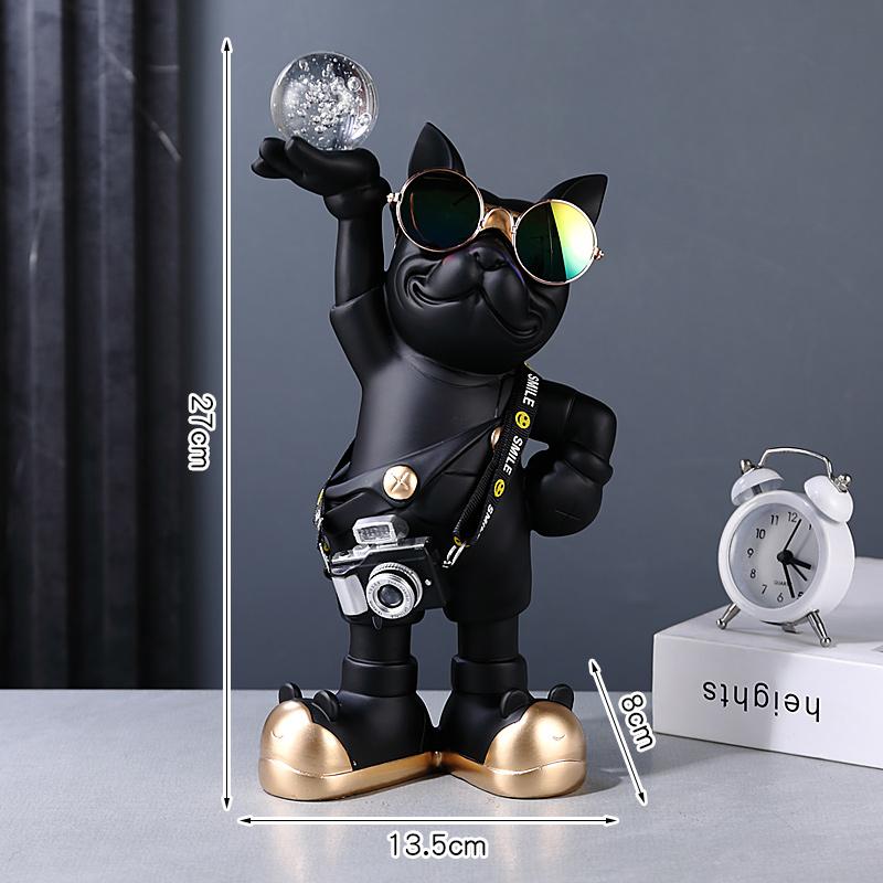 

Noric Gamera Dog Statue Decoration French Bulldog with Glasses and holder Crystal Ball Resin Art Animal Sculpture Ornament Table