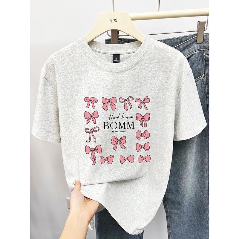 

Женская летняя футболка из чистого хлопка свободного кроя с коротким рукавом и принтом в виде бантиков, больших размеров, с круглым вырезом, модный топ 3XL