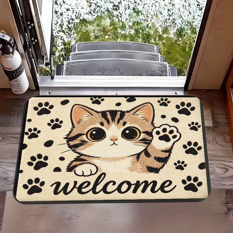 Printed Anti Slip Dust Doormat Cute Cat Pet Floral Stone Welcome Letter Floor Rug for Household Indoor Entryway Home Decor Mat