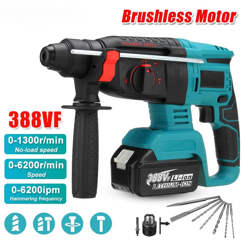 10pcs 0-6200rpm Rechargeable Cordless Rotary Hammer Impact Drill Brushless Electric Hammer Drill Perforator for 388VF 18V Battery