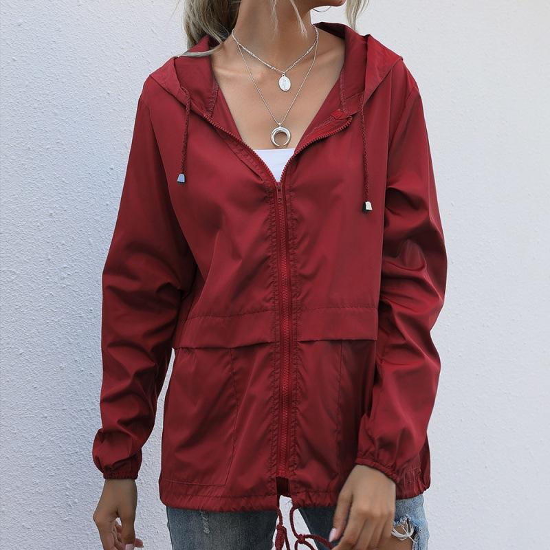 Damen Einfarbig Regenjacke Outdoor Wander-Hoodie Wasserdicht Winddicht Langer Mantel Femme Oberbekleidung Damenbekleidung Windbreaker