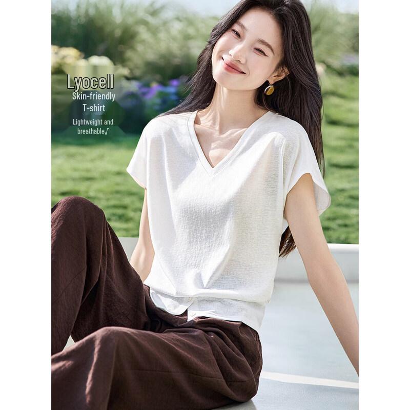 Mohan Yimei V-Neck Lyocell Blend Short Sleeve T-Shirt M