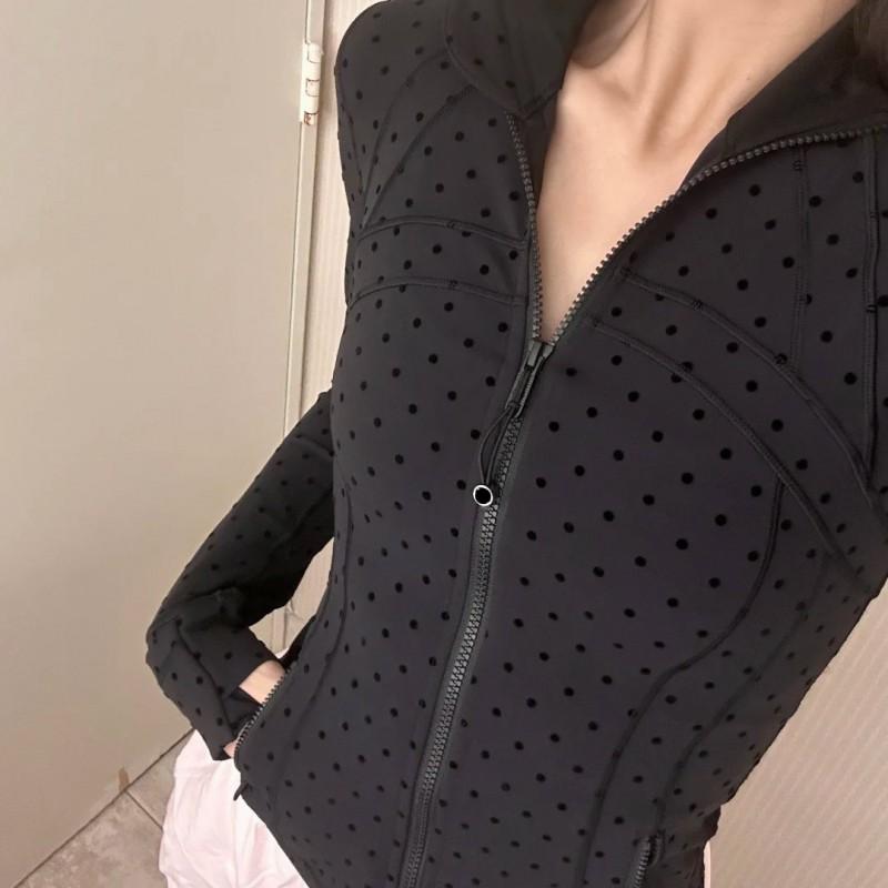 Flocked Polka Dot Cropped Stand Collar Jacket Womens Slim Fit Yoga Gym Pilates Activewear