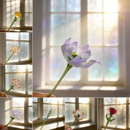 Yousheng Mini Glass Flower Figurine Handmade Faux Crystal Transparent Flower Bouquet Collectible Hand Blown Table Ornament for Mother's Day Birthday