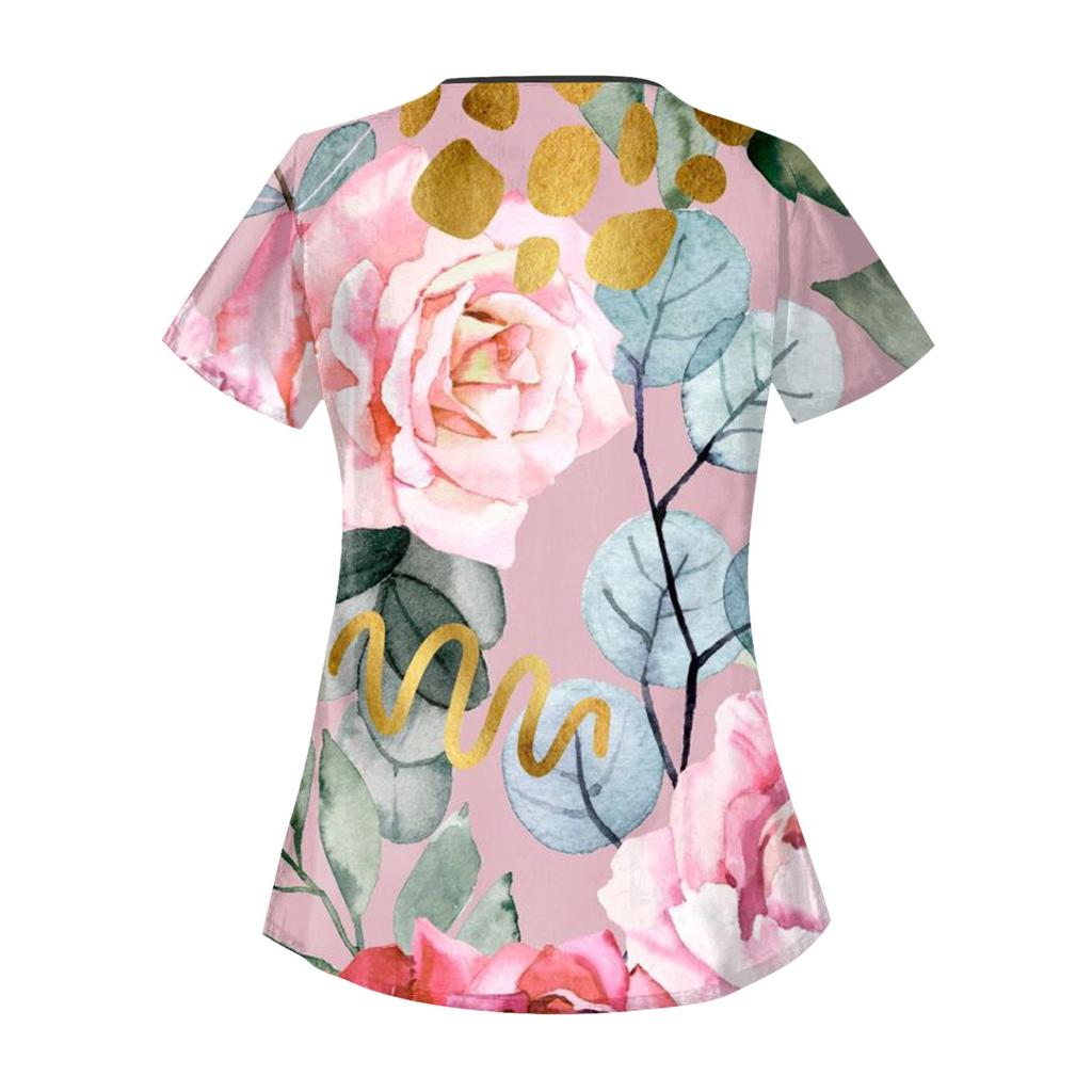 Women's Casual Printed Short Sleeve Workwear With Double Pocket Top