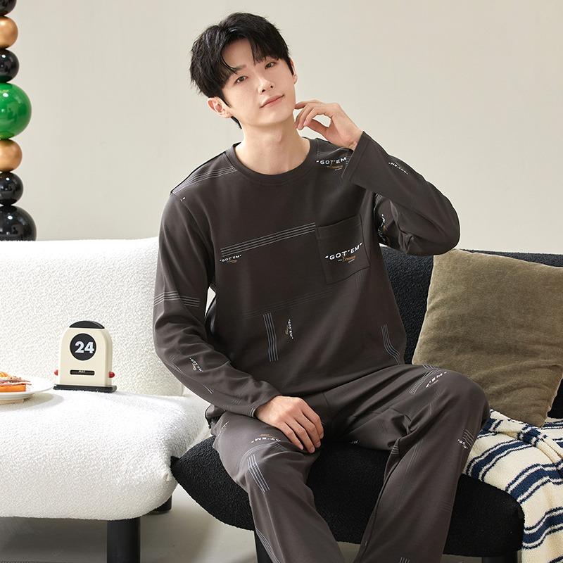 Baumwolle Herren Pullover Nachtwäsche Herbst Frühling Langarm Nachtwäsche 2 Stück Pyjamas Set Männlich