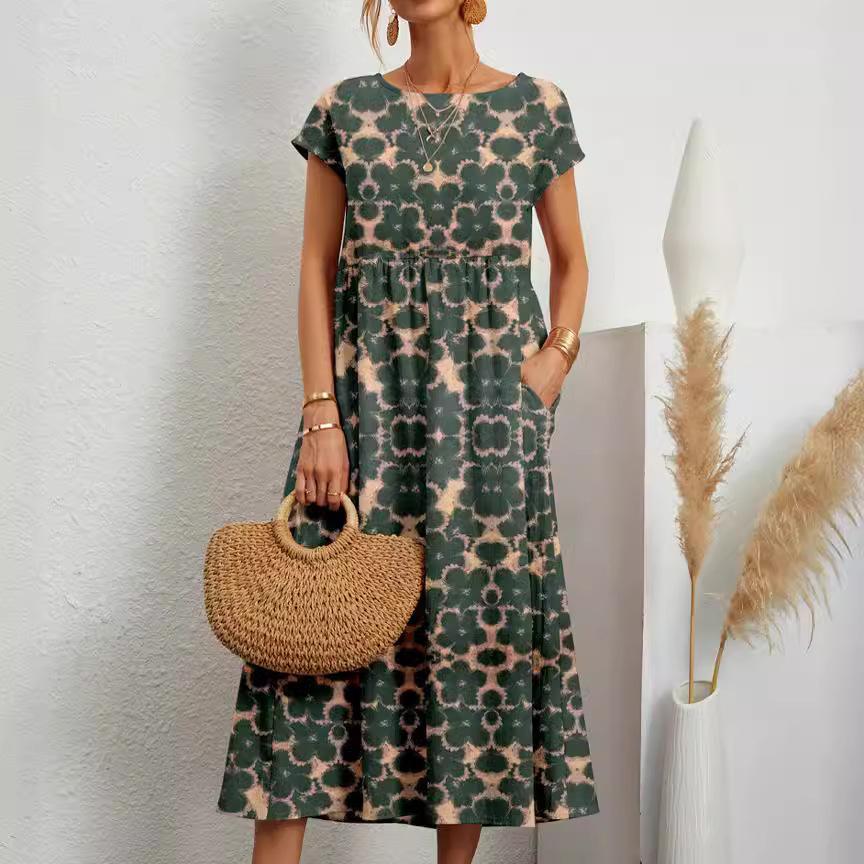 GMXIA Fashion Women's Loose Cotton and Linen O-Neck Printed Summer Dresses