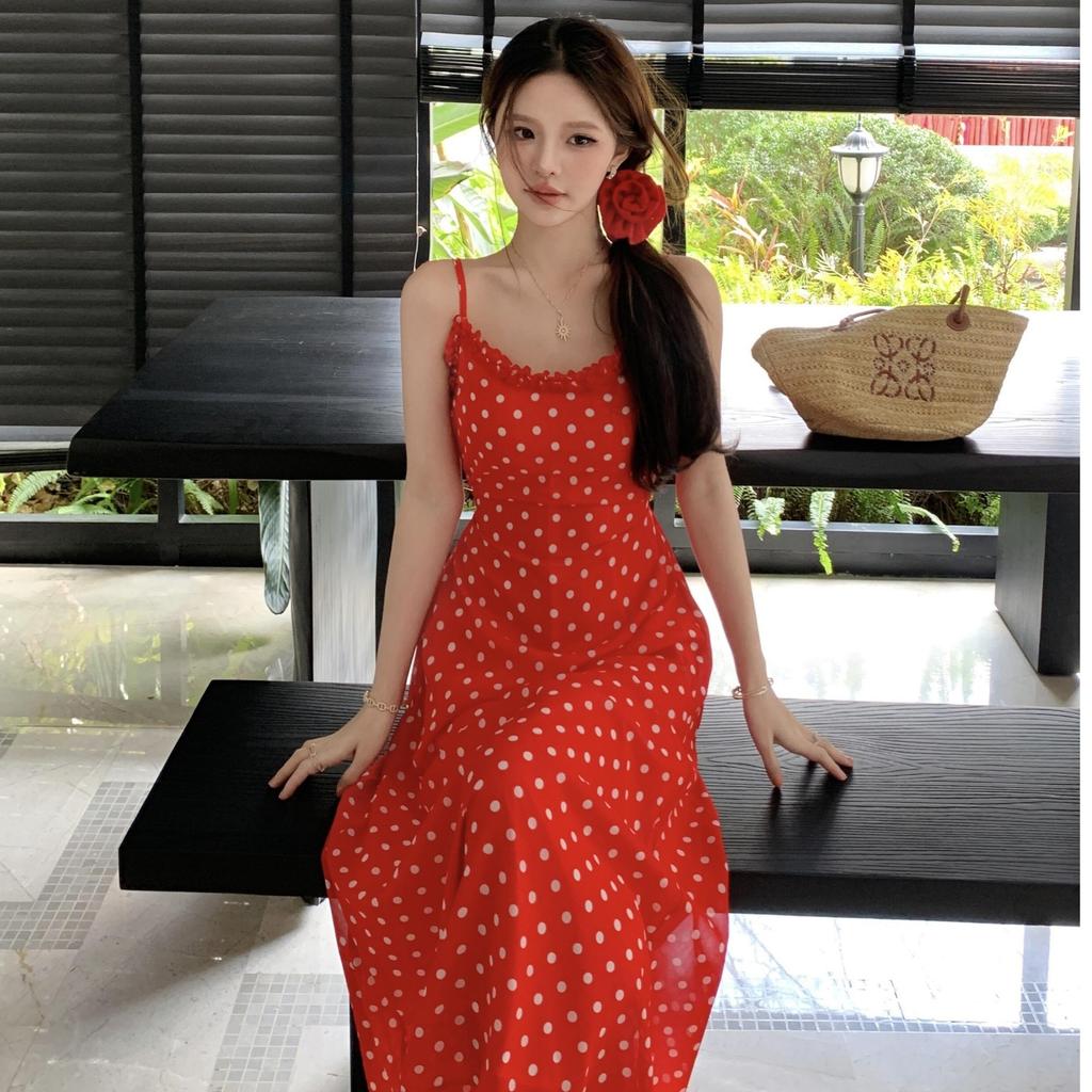 French Retro Temperament Floral Red Polka Dot Suspender Dress New Waist Thin Holiday Style Long Dress Summer