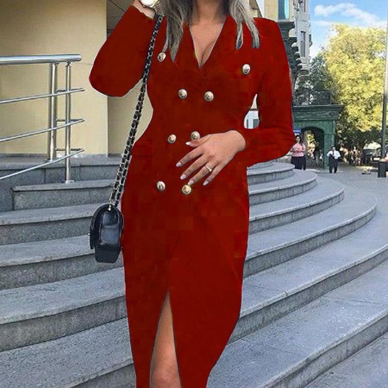 IHUASU Women's Fashion Autumn Winter Solid Color Print Long Sleeve POLO Neck Casual Dresses