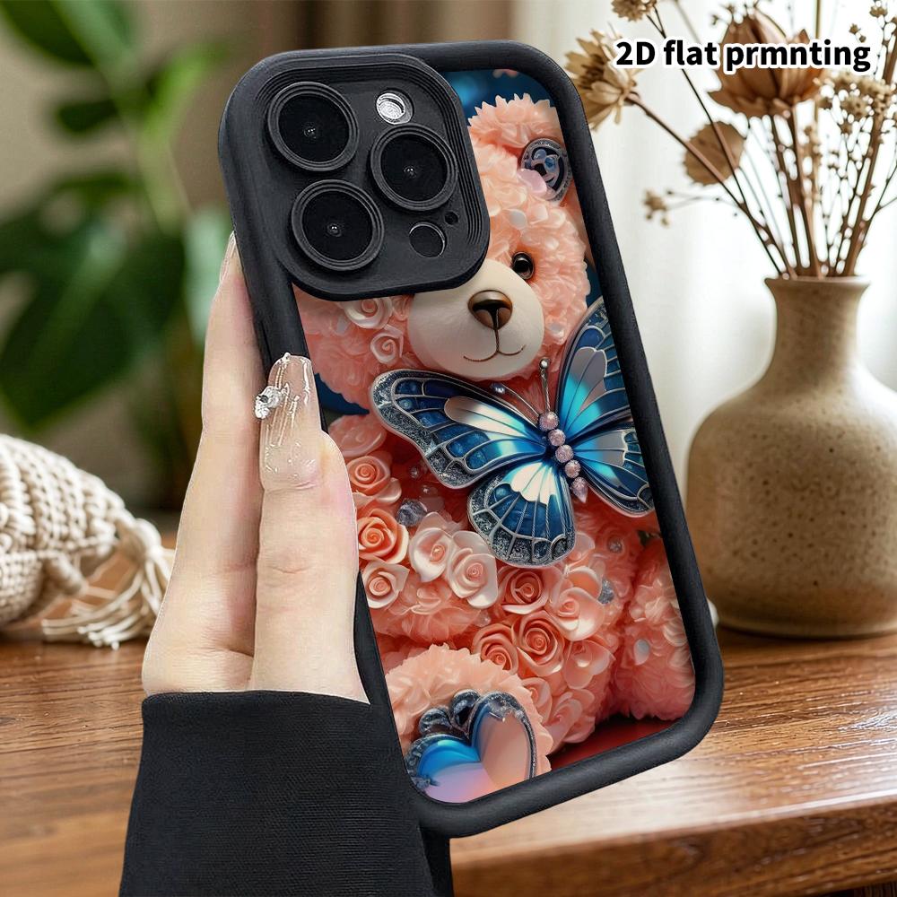 Phone Case: 2D flat design suitable for iPhone 18 17 16 15 14 13 Pro stepped protective case, rose carved pink bear, Christmas and Halloween gift