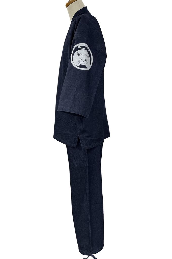 Edoten Samue (Work Clothes) - 100% Cotton Denim Fabric, Durable Yet Soft, Year-Round Pattern, Men's, Facing Cat, Left Sleeve, Navy Blue, Size 4L