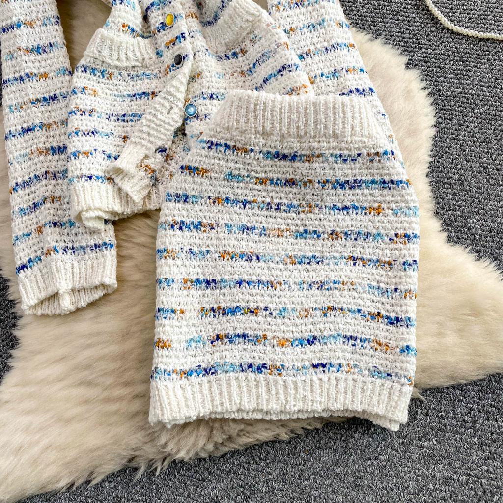 Autumn Winter Women Sweet Striped Knitted Sweater Two Piece Set Single Breasted Cardigans Tops and Mini Short Sheath Skirt Suit