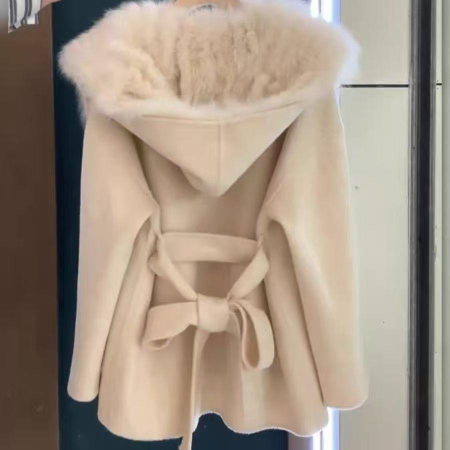 Rosa Kapuzenmantel Damen Herbst Winter Wollmantel Pelzmantel Duftender Wind Hochwertig Leicht Kurz Kragen