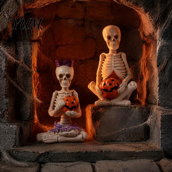 Halloween Party Props 2Pcs/Set Couple Skeleton Statues, with Pumpkin Figurines, Men Spooky Home Decor Women Ornaments for Table Mantel Shelf
