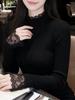 Women's Autumn/Winter Black Lace Patchwork Sweater, Slimming Half-High Collar Knit Top with Long Sleeves