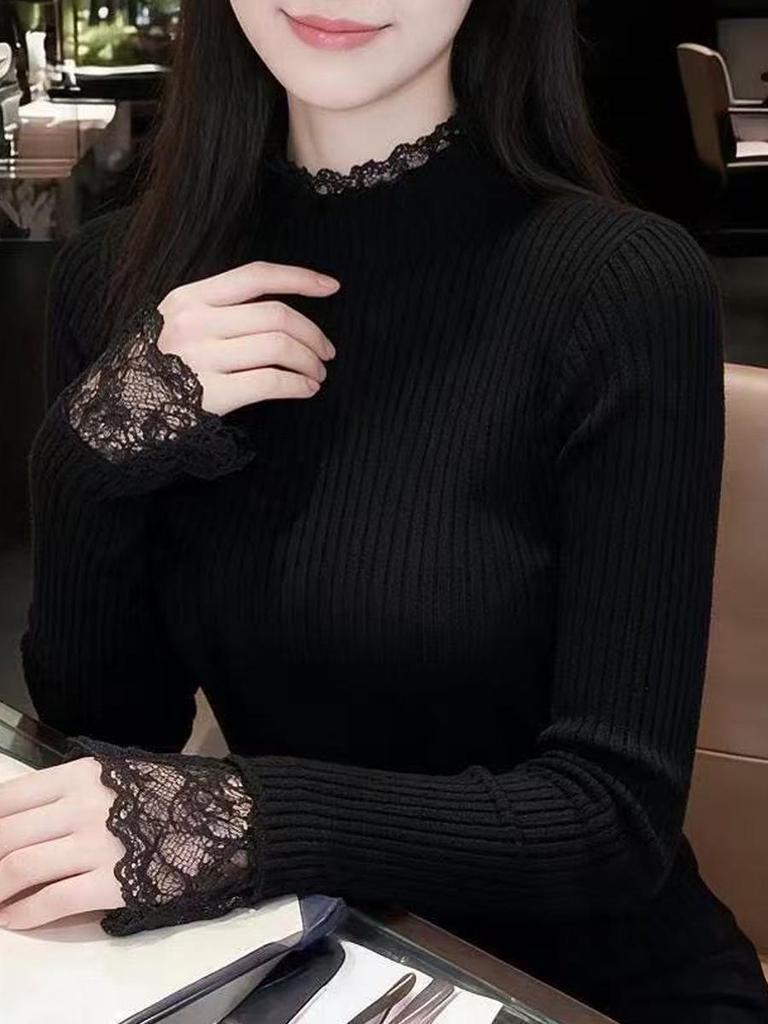 Women's Autumn/Winter Black Lace Patchwork Sweater, Slimming Half-High Collar Knit Top with Long Sleeves