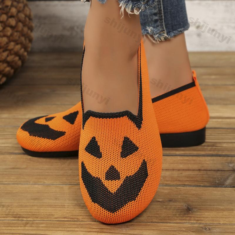 Fashion Women Fly Weave Shoes 2025 New Halloween Fashion Pumpkin Breathable Casual Shoes Lightweight Comfortable Soft Sole Slip on Flats
