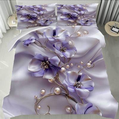 3-teiliges Hellviolettes Bettwäscheset Perlenblumen-Druck Gemütlicher Bettbezug King Queen Twin Größe Geburtstagsgeschenk für Erwachsene Schlafzimmerdeko