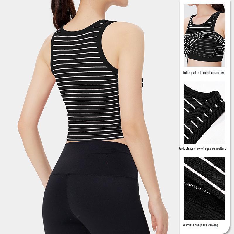 Women's Spring/Summer Slim Fit Striped Tank Top with Chest Pads - Round Neck Camisole Bra