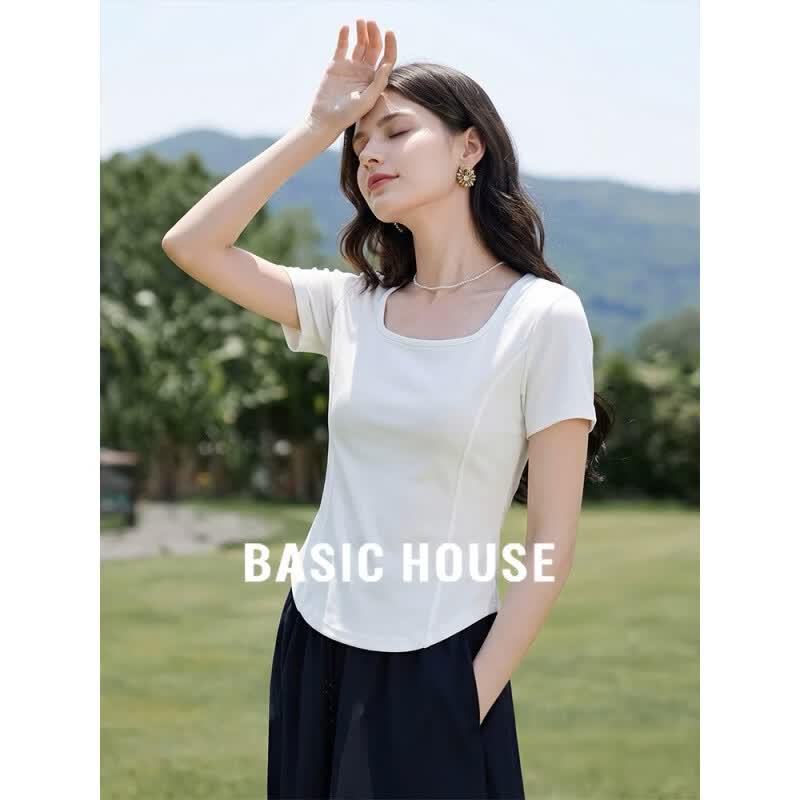 Basic House Women s Square Neck Slim Fit Short Sleeve T-Shirt M белый