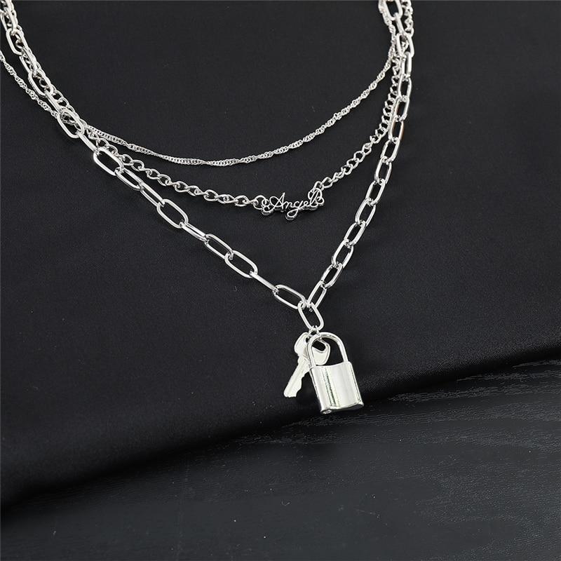 iF ME Gotický vícevrstvý řetízkový náhrdelník ve stříbrné barvě pro ženy Muži Náhrdelníky Punk Geometrické Srdce Lock Náhrdelníky Šperky Dárky
